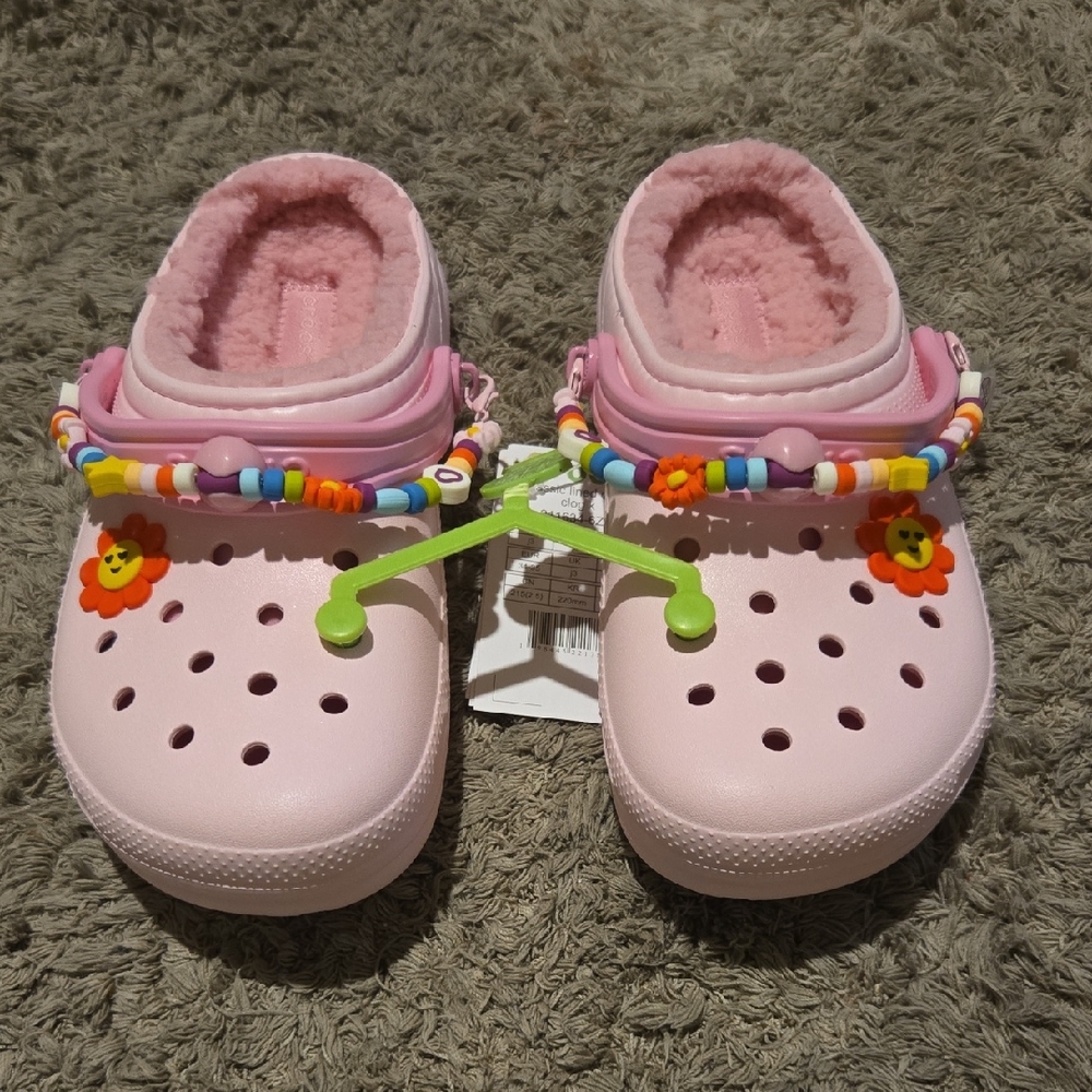 CROCS Kids Pink Classic Lined Daisy Clog with Beaded Strap